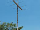 Homebrew 6 and 2 antennas and 17ft pushup, Armstrong rotatable mast with guyed step-ladder “tripod.”